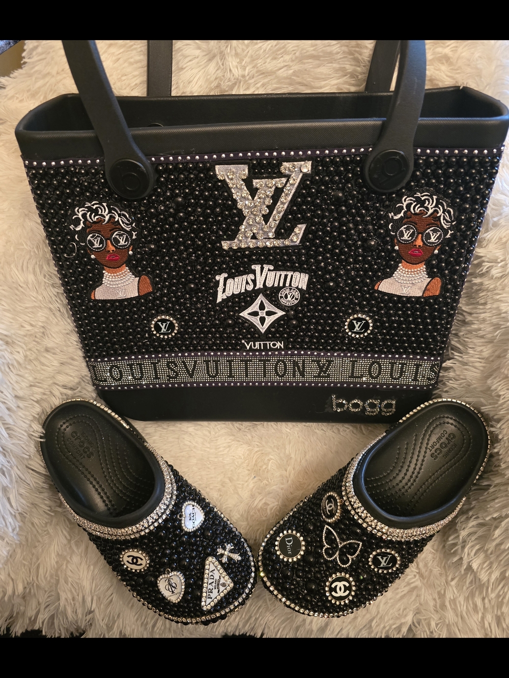 Embellished Black Tote with Matching Clogs